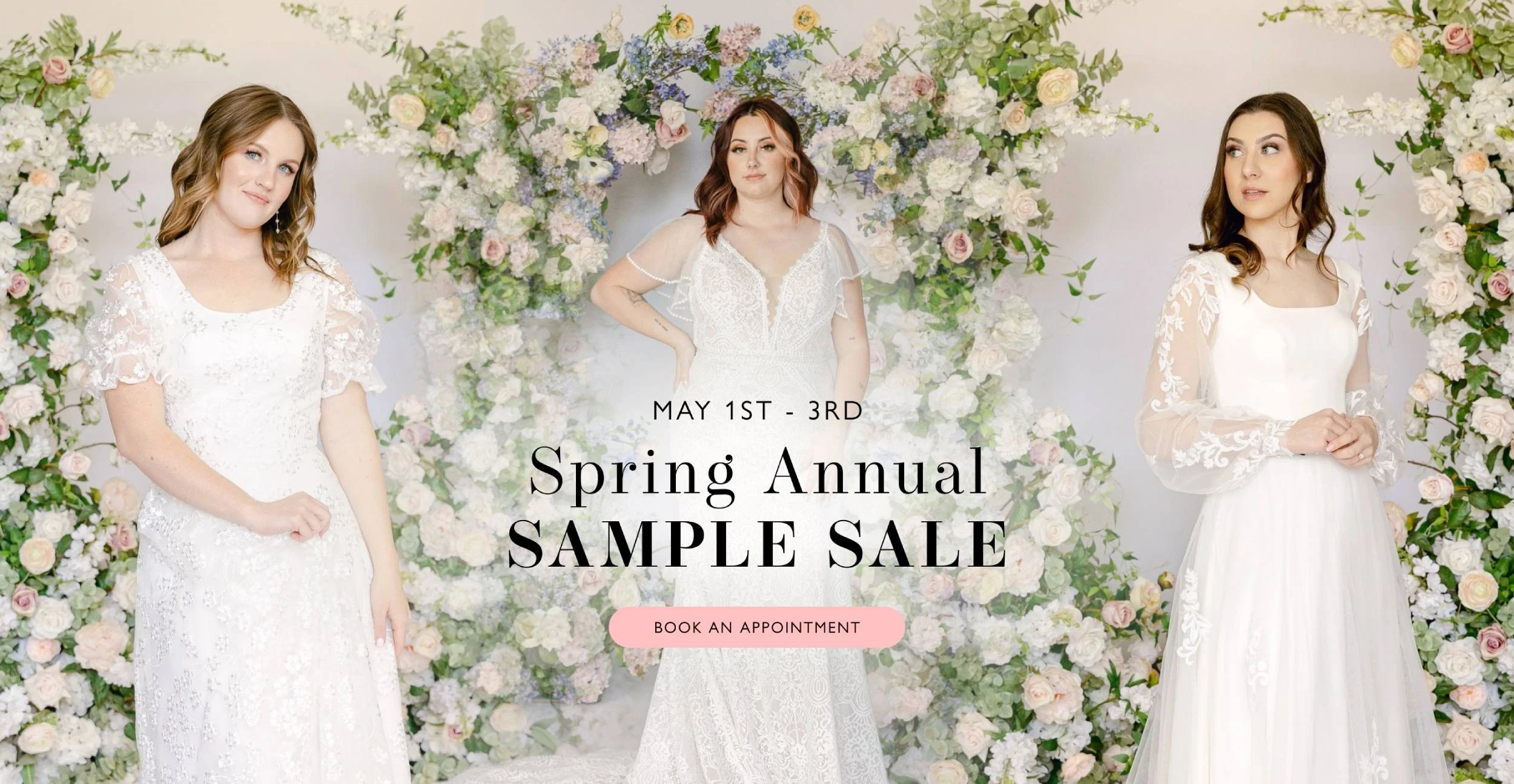 Models wearing bridal dresses, Spring Annual sample sale desktop banner