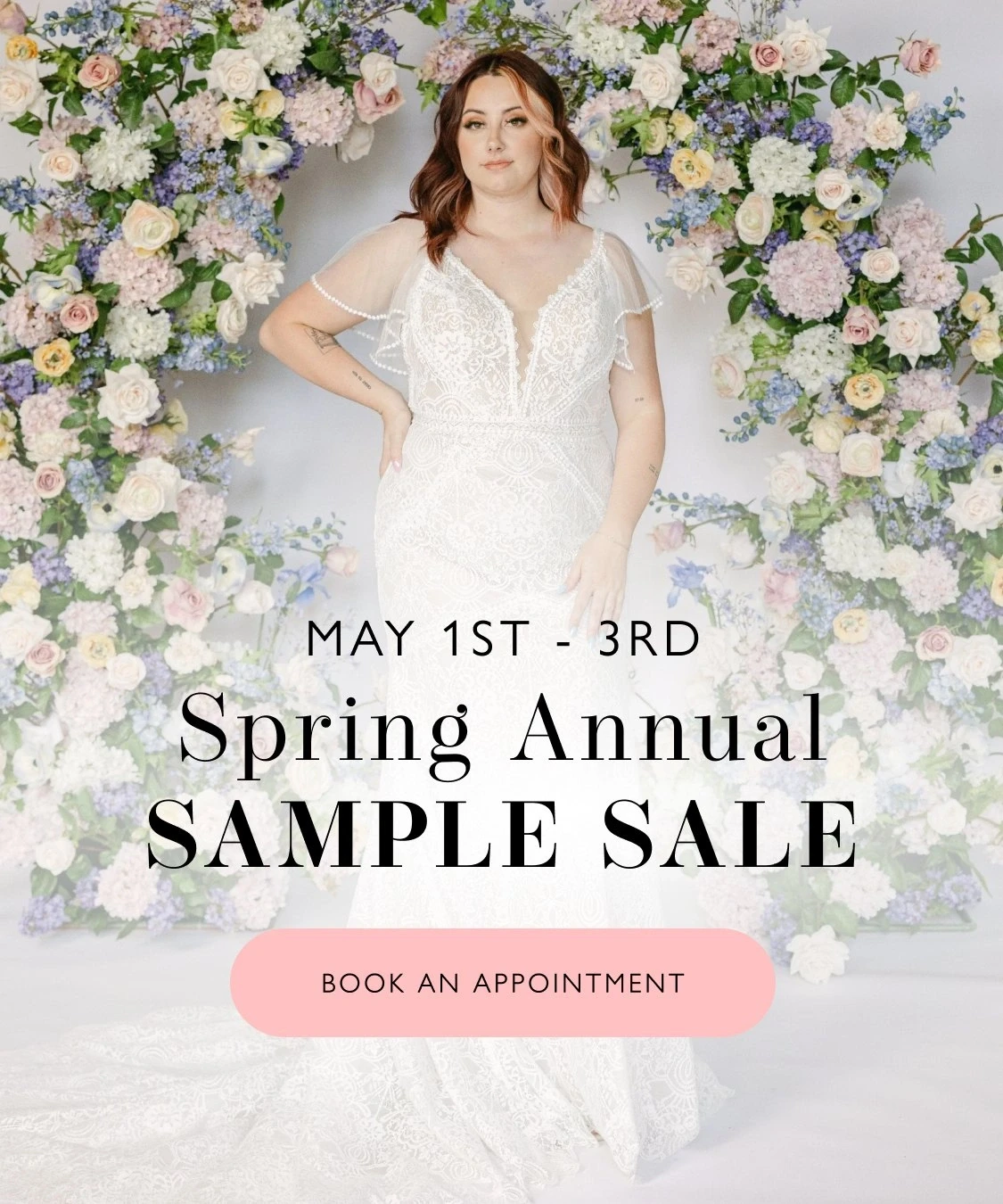 Model wearing bridal dress, Spring Annual sample sale mobile banner