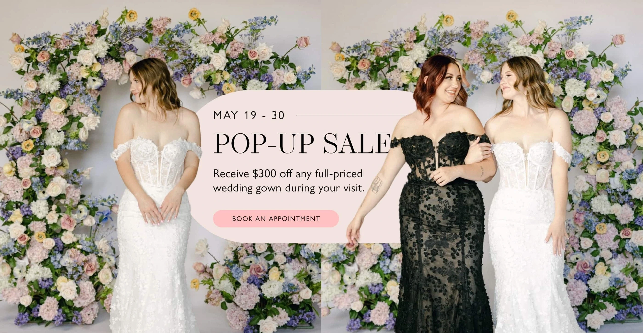 Models wearing bridal gowns, pop-up sale desktop banner