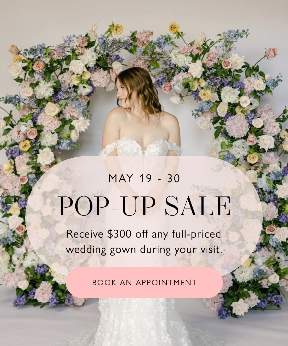 Model wearing bridal gown, pop-up sale mobile banner